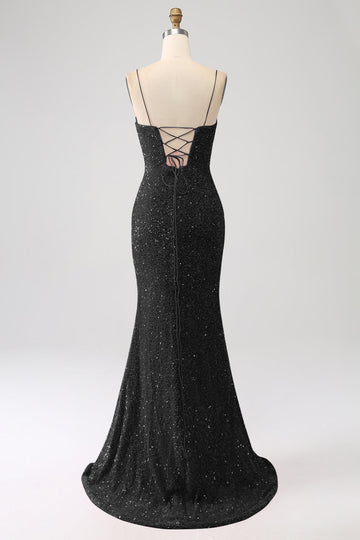 Black Mermaid Spaghetti Straps V-Neck Sequin Long Ball Dress With Split
